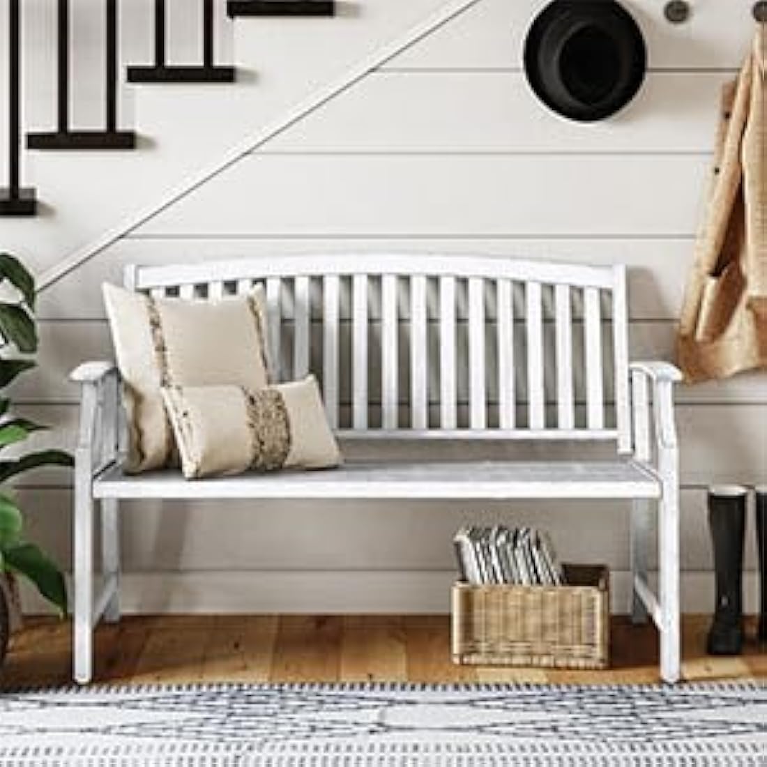 Grand patio Garden Bench, Outdoor Bench with Anti-Rust Steel Metal Frame, Stamped Pattern, Choice of Colours, Suitable for Indoor, Outdoor, Patio, Park (Farmhouse, White)
