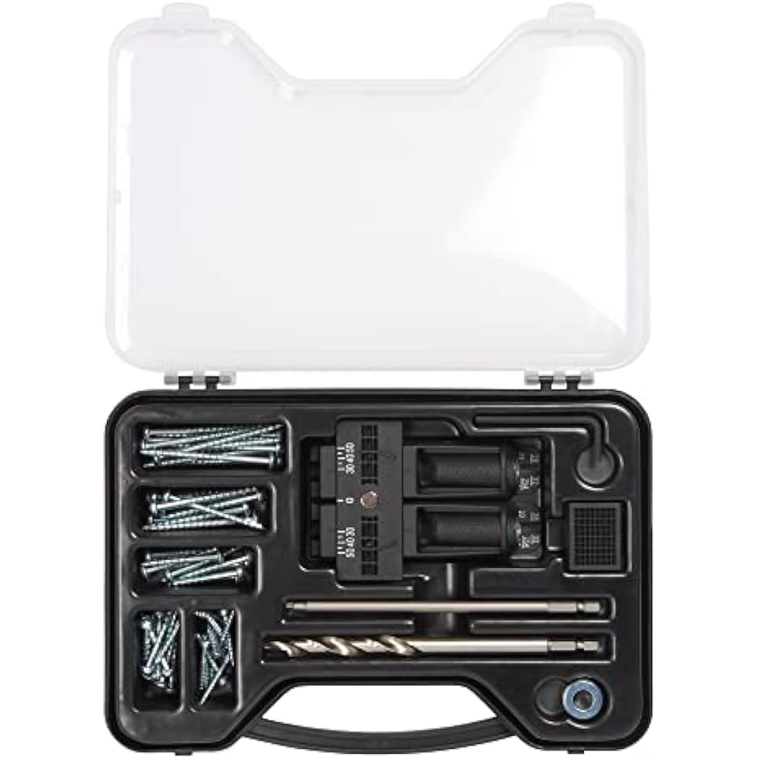 Trend 3 in 1 Pocket Hole Jig Kit with Pocket Hole Jig, HSS Drill Bit & Depth Setting Collar, Square Drive Bit, 50 Screws & Kit Storage Case, PH/JIG/BK