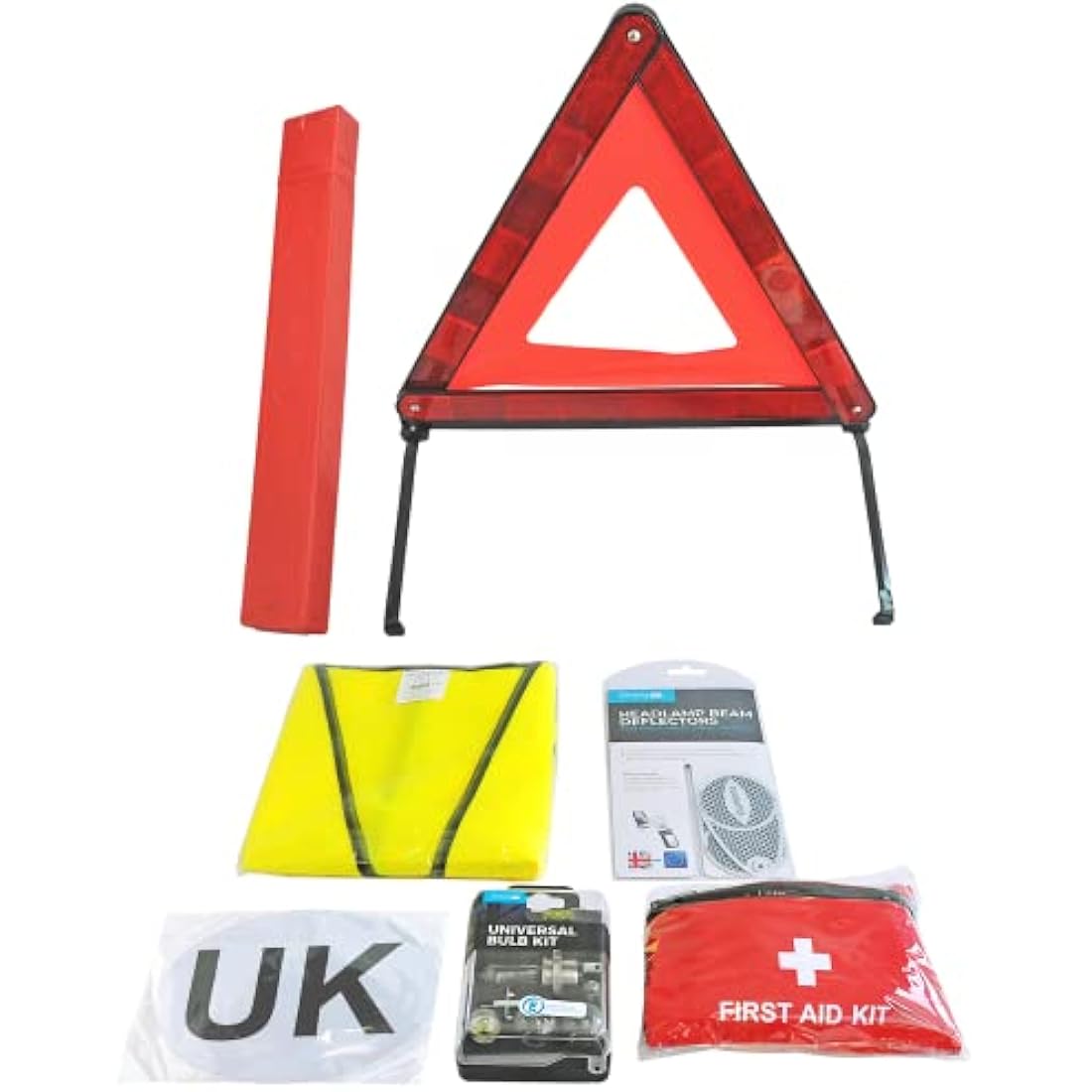 Simply ETK1 Europe Travel Kit. 7 Piece Set includes Warning Triangle, Reflective Vest, Headlight Beam Converters, UK Plate, Bulb Kit and FIRST Aid Kit