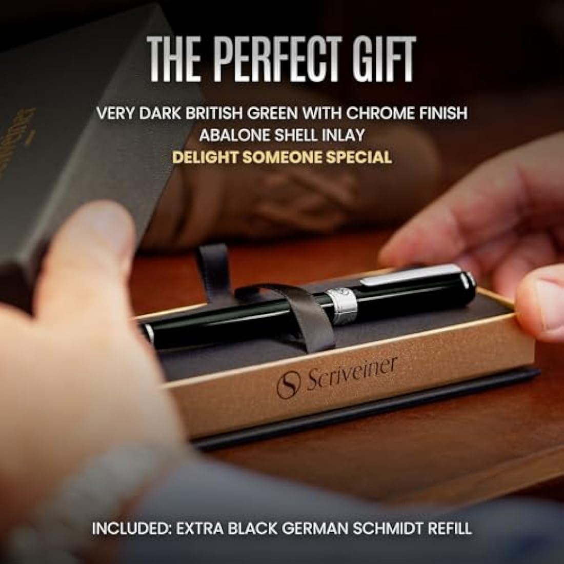 Scriveiner Black Green Rollerball Pen - Multi Award Winning Luxury Rollerball with Chrome Trim & Schmidt Refill, Quality Executive Writing Pen for the Office, Journaling or Gift Set for Men & Women