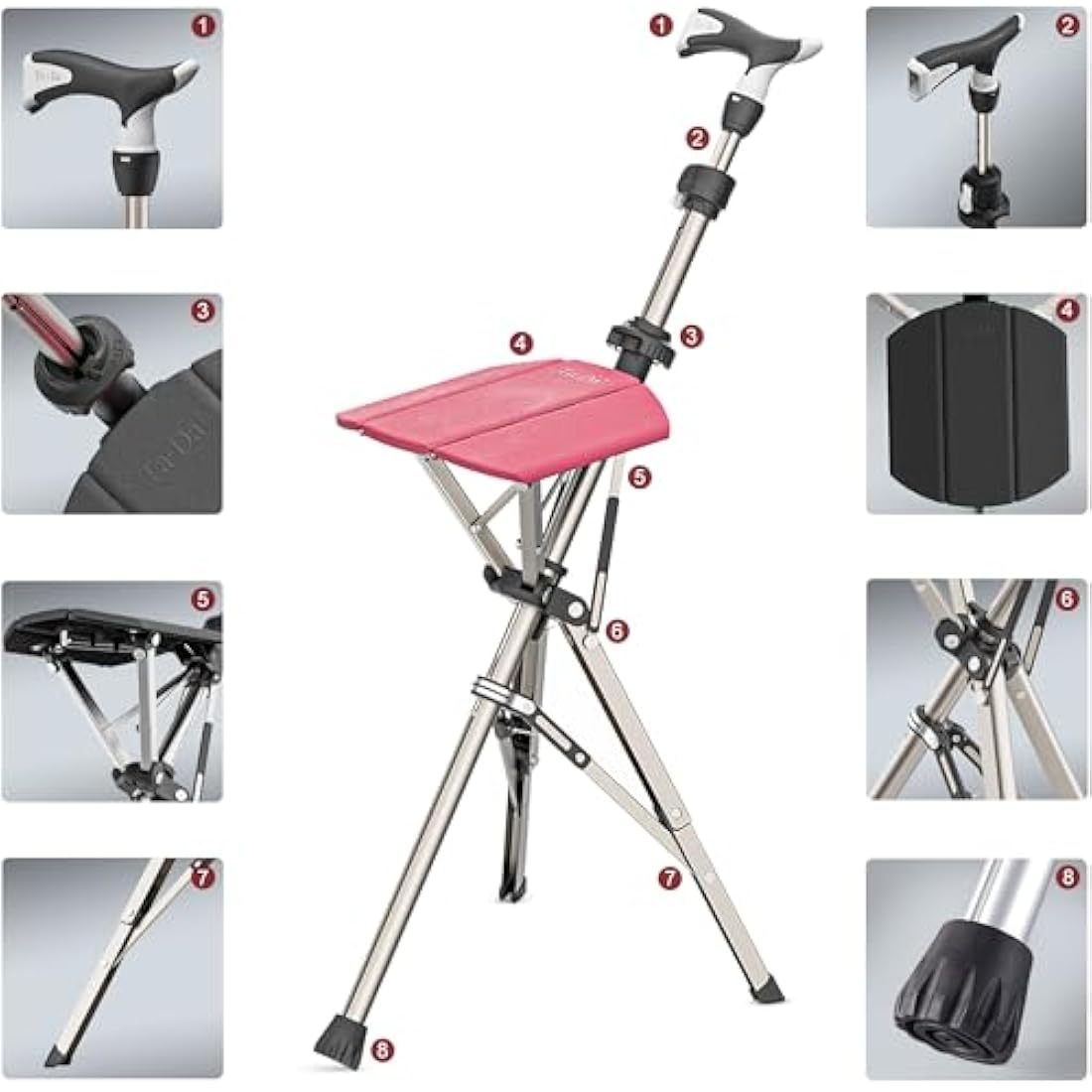 Ta-Da Chair PRO - Walking Stick with Seat, Ultra-Light Aluminium Frame & Sturdy Foldable Stool (up to 120kg), Collapsable Folding Design, Ideal for Travel & Sightseeing - Red, Adjustable
