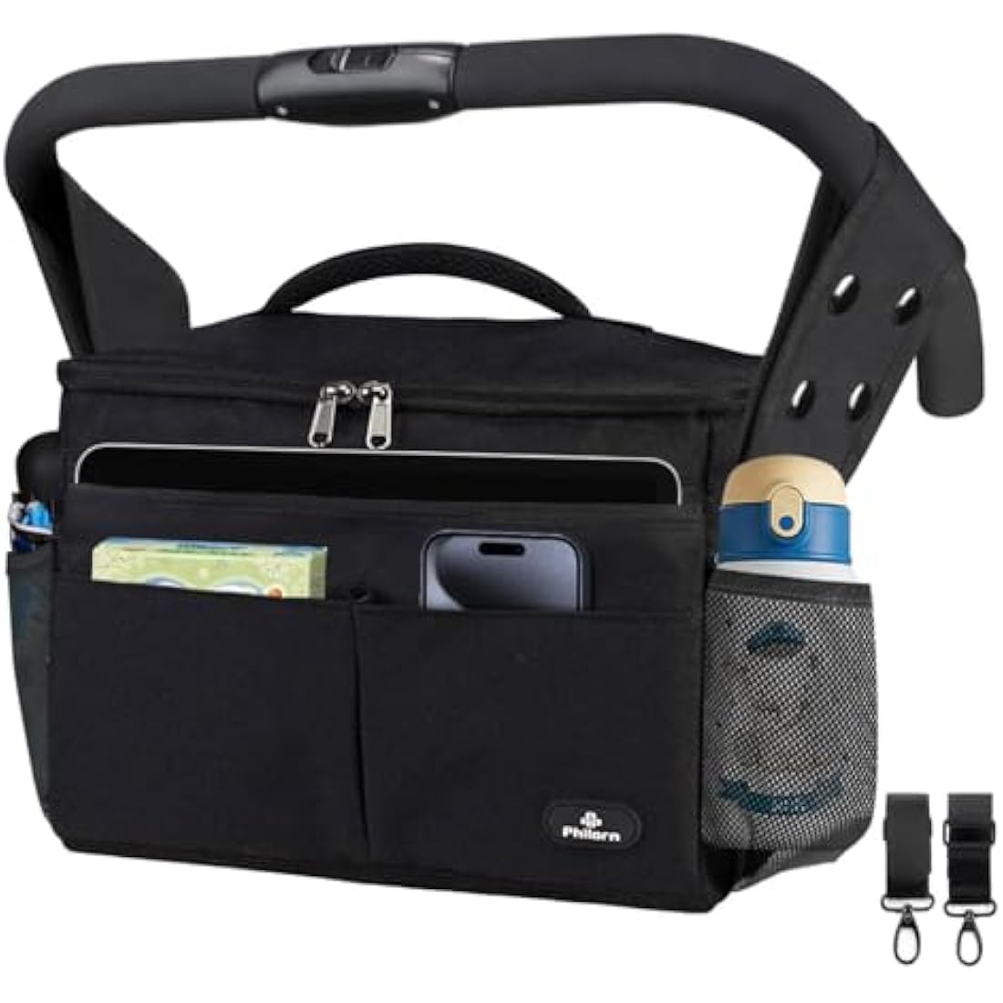 PHILORN Pram Bag, Pushchair Organiser Bag with Insulated Cup Holders, Buggy Organiser with Large Capacity for Baby Essentials Fits for Universal Strollers Like Doona, Ickle Bubba, Adjustable Strap