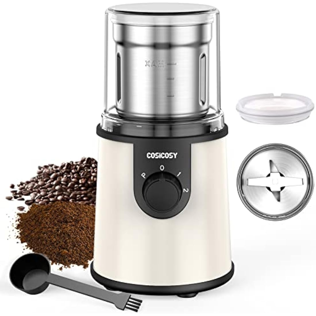 COSICOSY Electric Spice Grinder with 304 Stainless Steel Blades, Removable Bowls, 350W Motor Coffee Bean Machine with Spoon Brush for Beans, Nuts, Pepper, Beige