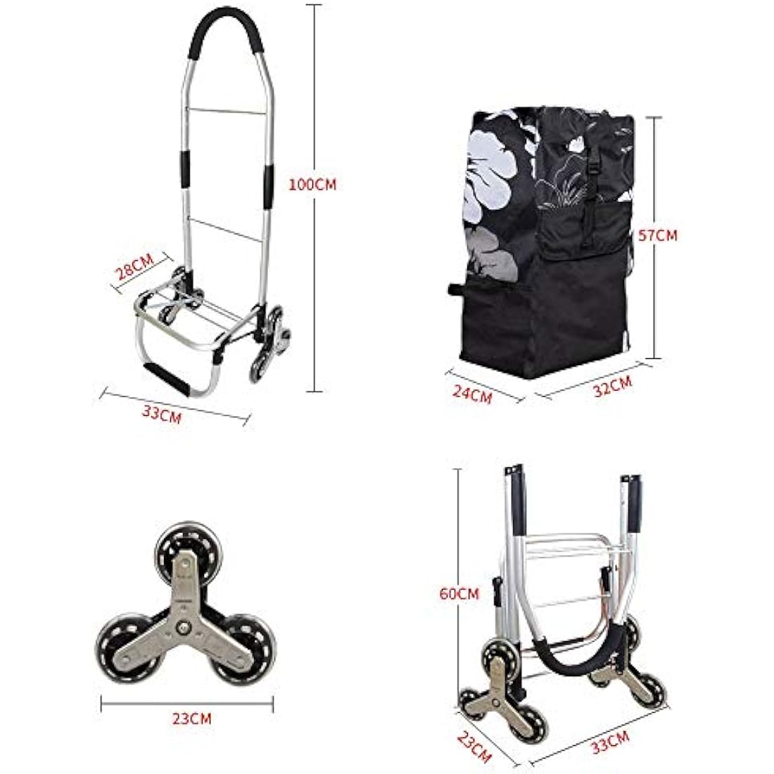 Folding Shopping Trolley 6 Wheels Stair Climber Cart with Removable Bag and Adjustable Elastic Cord 2 Extra Pockets Utility Trolley maximum capacity 50kg 45L (Flower)