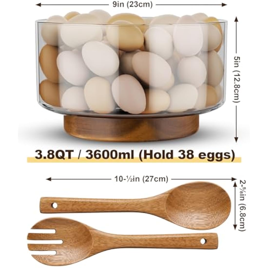 NiHome Large 3600ML Glass Salad Bowl with Acacia Wood Salad Tongs, Enhanced Stability Design, Versatile Serving Bowl for Salads, Fruits, Ideal for Gatherings & Daily Family Dining