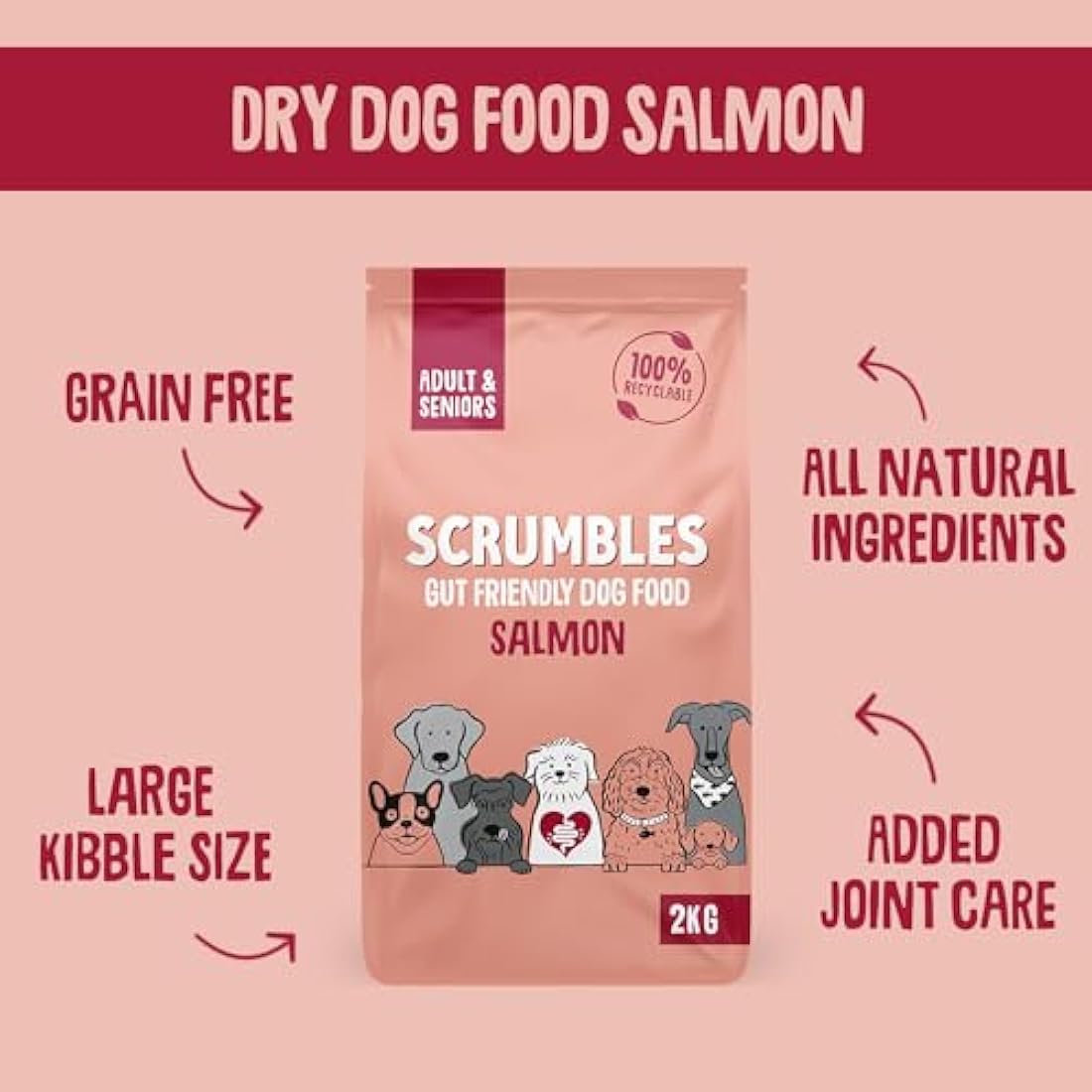 Scrumbles Natural Dry Dog Food, Grain Free Recipe with Fresh Salmon, for Adults and Senior Breeds, 7.5 kg Bag