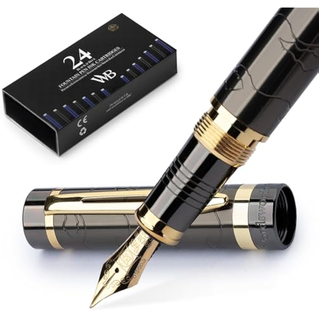 Wordsworth & Black Primori Fountain Pen Set [Gunmetal Gold]; Extra Fine Nib, Gift Case, 24 Ink Cartridges, Refill Converter, Manual; Journaling, Calligraphy, Smooth Writing Pens; Left and Right Handed