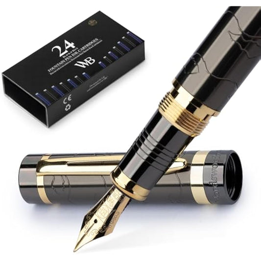 Wordsworth & Black Primori Fountain Pen Set [Gunmetal Gold]; Extra Fine Nib, Gift Case, 24 Ink Cartridges, Refill Converter, Manual; Journaling, Calligraphy, Smooth Writing Pens; Left and Right Handed