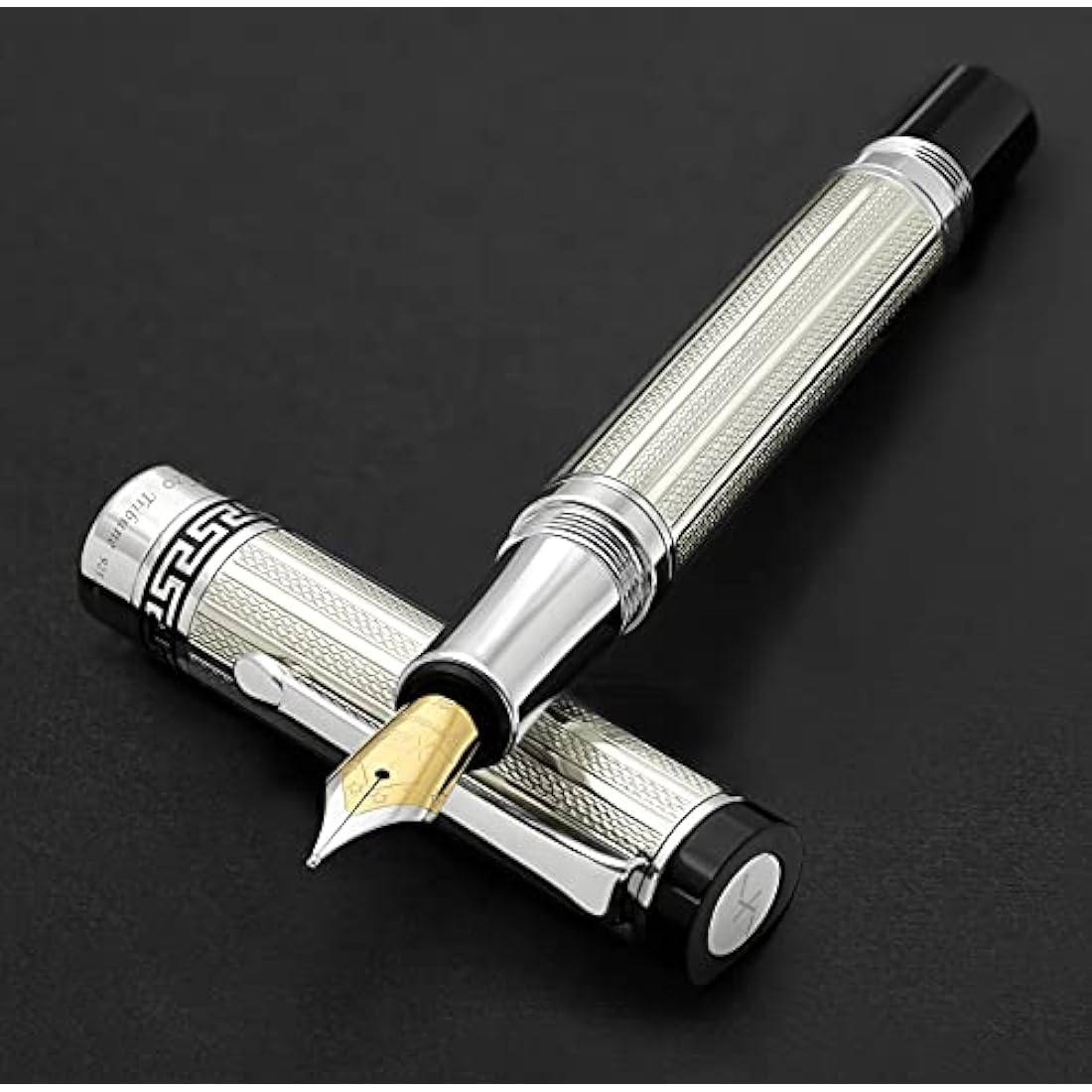 Xezo Tribune 925 Sterling Silver Medium Nib Fountain Pen. Platinum Plated. Hand Guilloche Engraved and Serialized