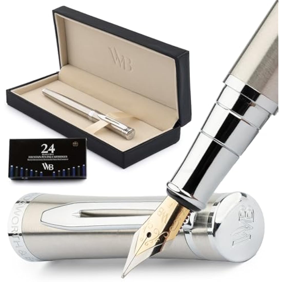 Wordsworth & Black Fountain Pen Set, 18K Gilded Fine Nib, Includes 24 Pack Ink Cartridges, Ink Refill Converter & Gift Box, Gold Finish, Calligraphy, [Silver Chrome], Perfect for Men & Women