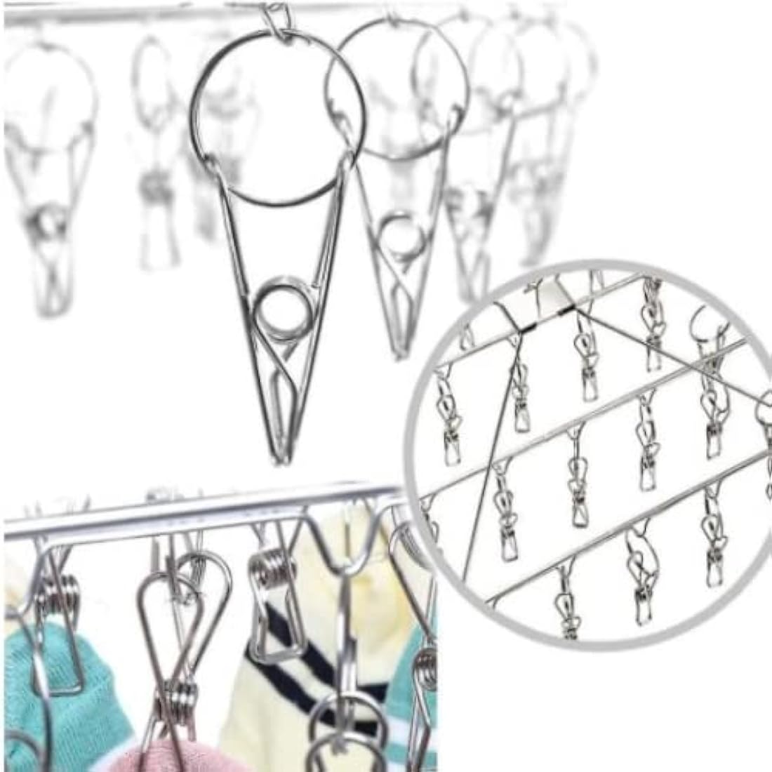 BARGAIN FACTORY Metal Sock Hanger, Stainless Steel Heavy Duty Drying Rack with 36pcs Pegs and Swivel Hook, Windproof Laundry Metal Square Hanger for Socks, Underwear and Small Items.