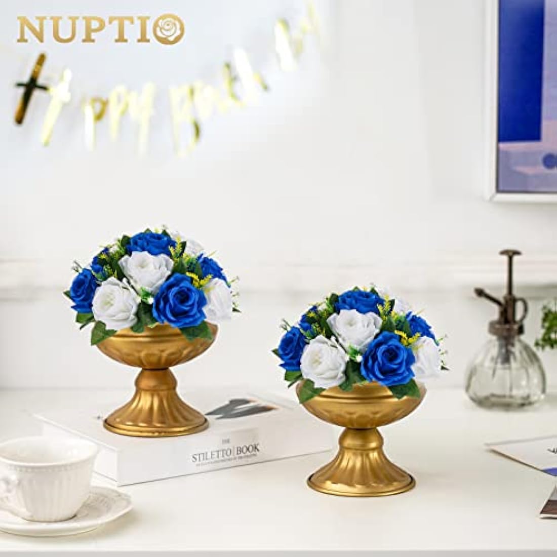 NUPTIO Artificial Flower Ball Centrepieces: 2 Pcs Royal Blue & White Fake Flowers Roses Balls 24cm Diameter for Centerpiece Faux Silk Rose Arrangements for Wedding Reception Party Table Decorations