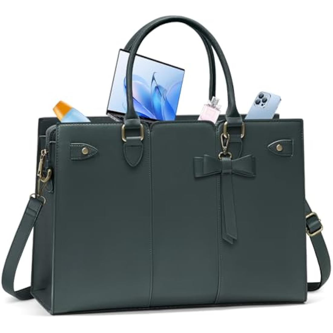RAINSMORE Laptop Bags for Women PU Leather Work Bags for Women Tote Bag Large Handbag Shoulder Bag for Office Bussiness 15.6 Inch Dark Green