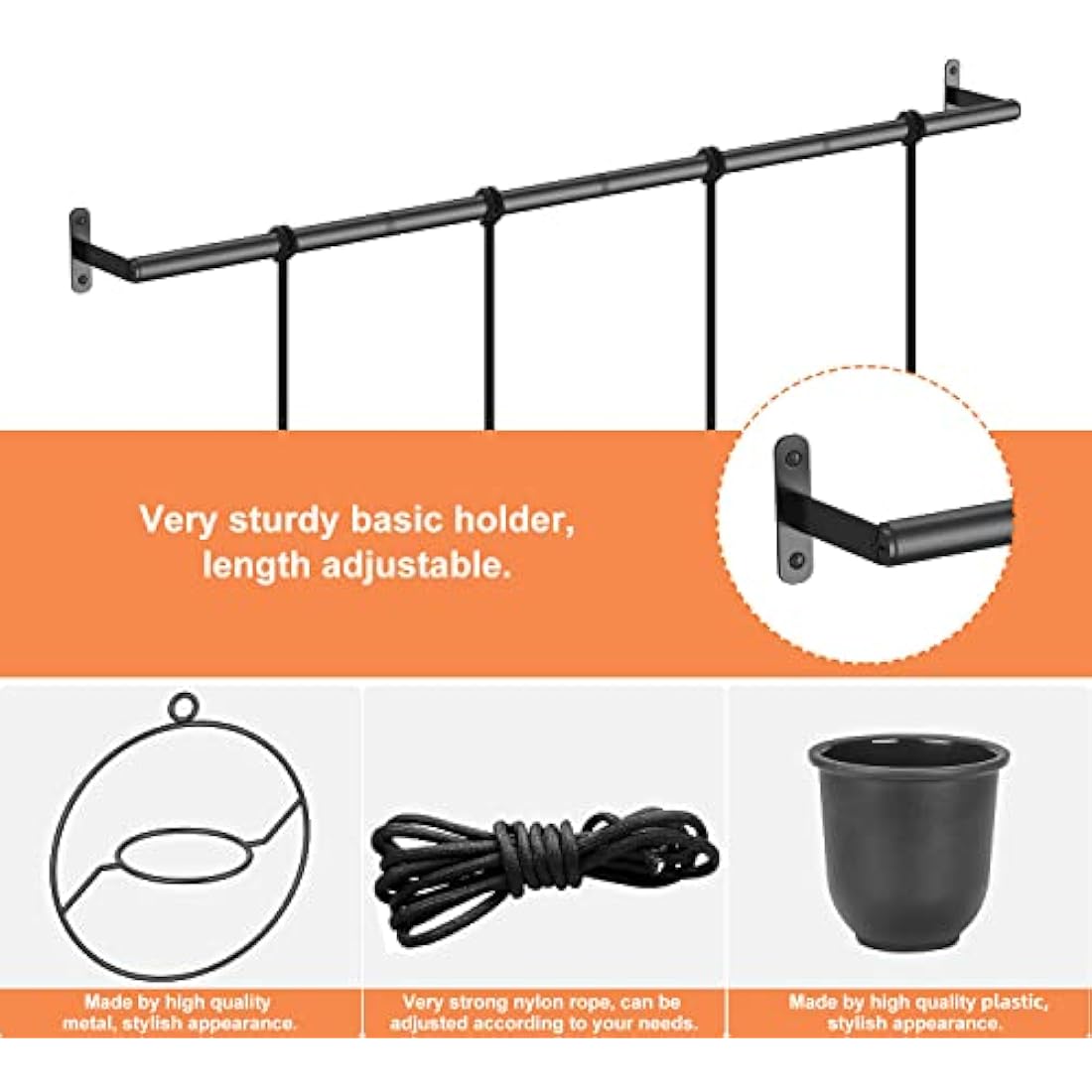 Mutool Hanging Planter Pots for Indoor Herb Garden, 4 Pack With Melamine Planters, Rope & Modern Wall and Ceiling Plant Holder, Black