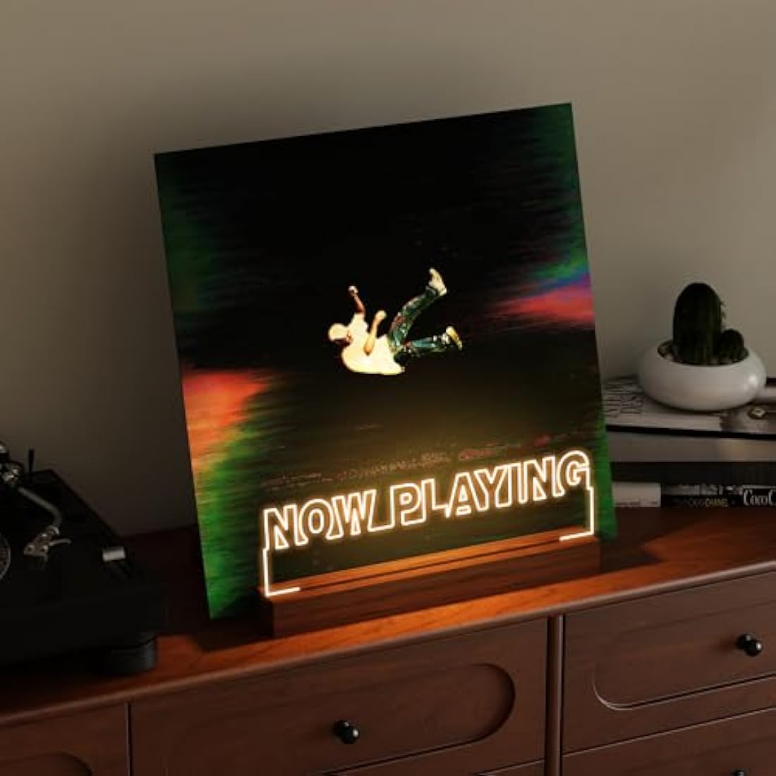 CoolGift Mart Now Playing Vinyl Stand, Light up Record Holder, Wooden Acrylic Display with Warm White Lights for Albums, Room Decor, Gift for Vinyl Lovers