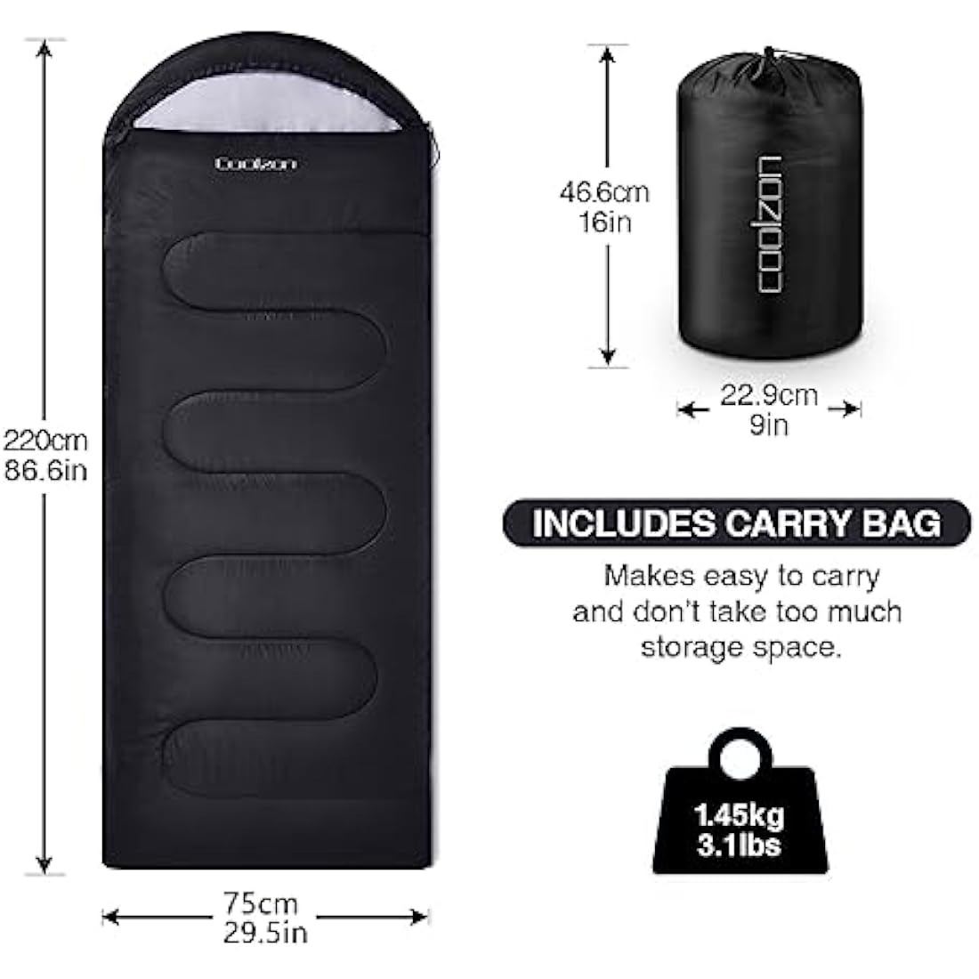 Coolzon Outdoor Sleeping Bag for Camping, for 3-4 Seasons, Adult Blanket, Small Packed Size, Ultralight Carry Bag, Soft, Thick and Warm, for Outdoor Camping, Travel, Hiking