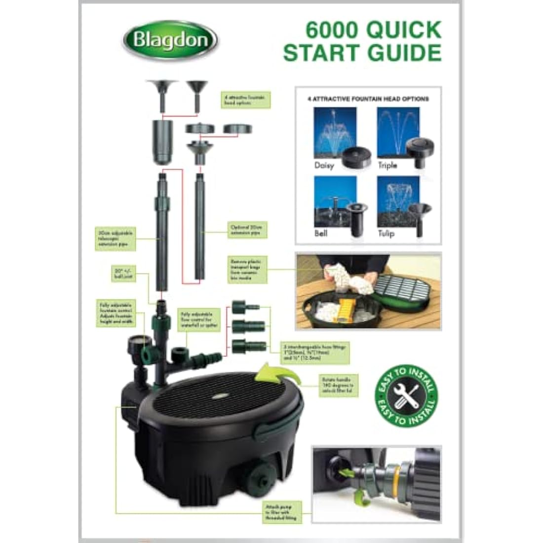 Blagdon Inpond 6-in-1 9000 Easy Care Clean Pond Solution, 49.5w Pond Pump & Filter with UV Clarifier for Algae Control and Clear Water, LED Light, 4 Fountain Heads, for Ponds Up to 9,000L, Green
