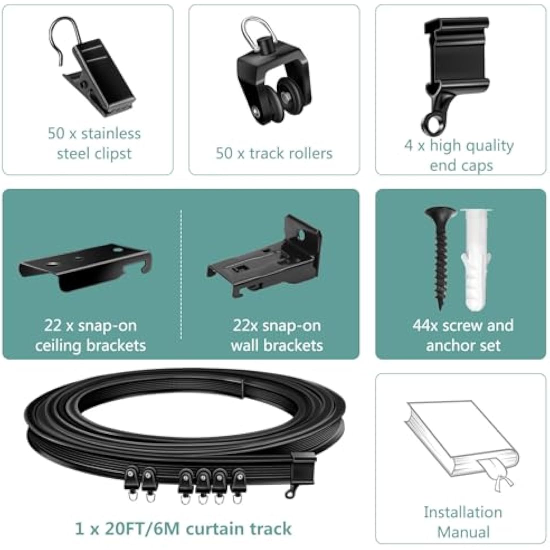 Ceiling Curtain Track for Bay Window, 6M/20FT Flexible Bendable Curtain Rail Track Ceiling Wall Mounted, Plastic Ceiling Track System for Shower Room Divider RV, Black Curtains Tracks and Fittings