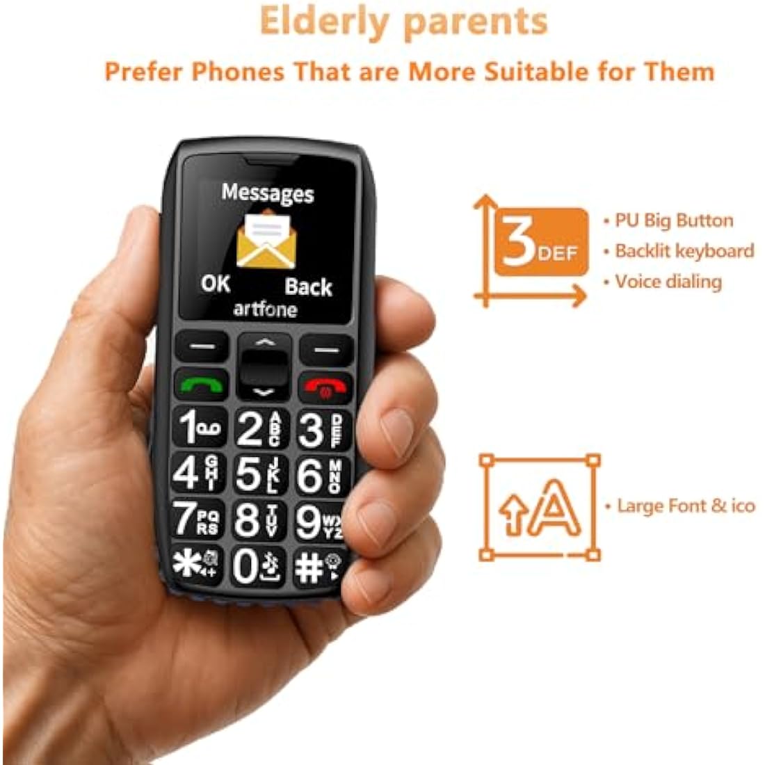 artfone C1+ 4G Big Button Mobile Phone for Seniors | SIM Free Unlocked | Easy-to-Use Basic Phone with Charging Dock, SOS Button & USB-C | Loud Volume | Black