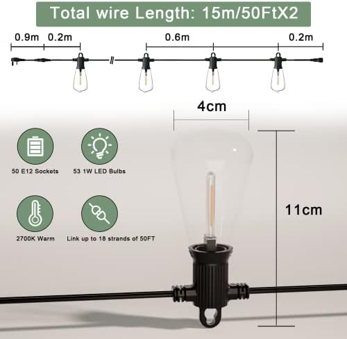 Zuske Garden String Lights Outdoor, 30M Festoon Lights Mains Powered with 50+3 ST38 Shatterproof Bulbs, Waterproof IP65 Patio Lights for Outside Yard Gazebo Backyard Terrace Party Porch(Warm White)