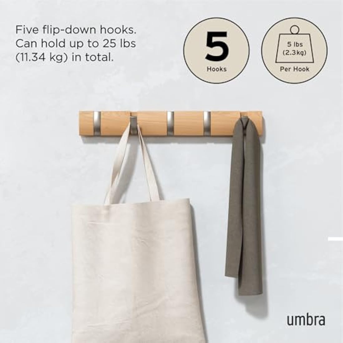 Umbra Flip 5-Hook Wall Mounted Coat Rack, Modern, Sleek, Space-Saving Coat Hanger with 5 Retractable Hooks to Hang Coats, Scarfs, Purses and More, Natural, Natur