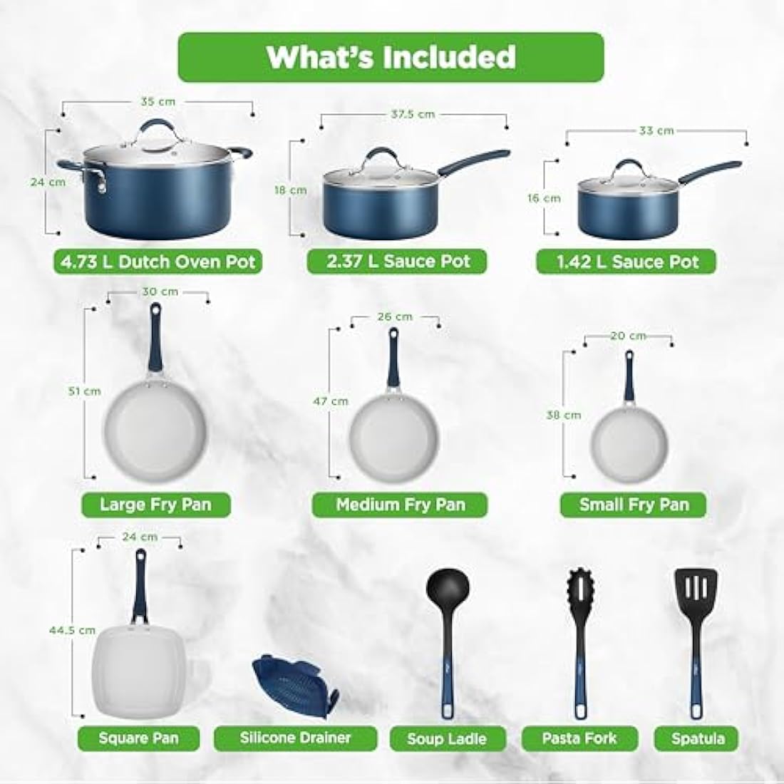 Nutrichef 20 Piece Pots and Pans Set, Bakeware and Cookware Set, Induction Hob Pots Set w/Lids, Non Stick Set, Heat Safe Silicone Handles, Saucepan, Frying Pans, Muffin Tin, Cookie Tray, Utensil-Navy