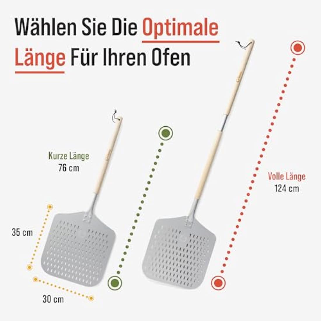 Chef Pomodoro Long Perforated Pizza Peel 12" x 14" (30 x 36 cm), Aluminum Pizza Paddle with Detachable Wood 49" (124 cm) Extendable Handle for Easy Storage Gourmet Luxury Pizza Turning Peel for Baking