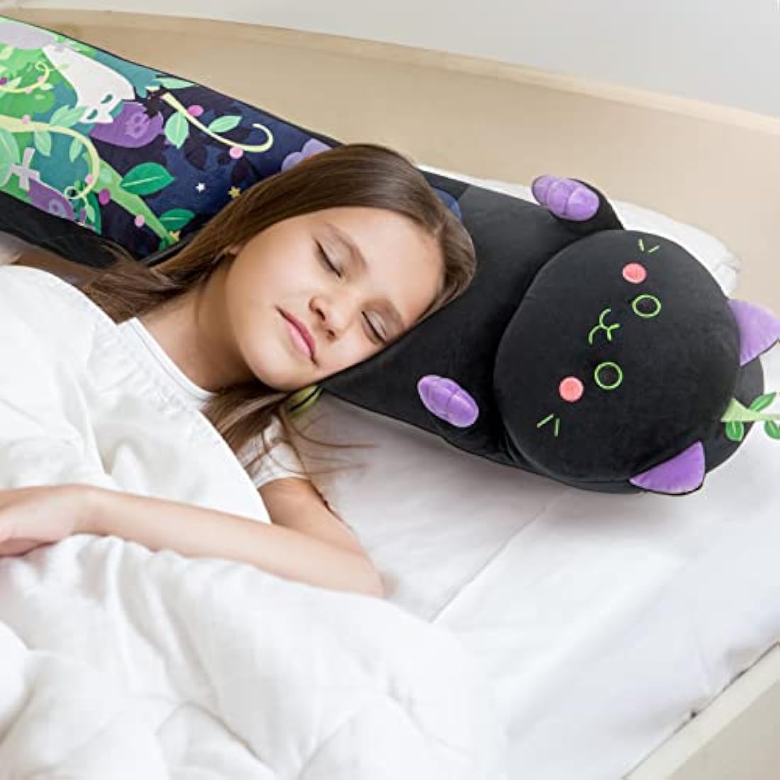 Mewaii 28in Long Devil Mint Cat Plush Pillows Stuffed Animals Squishy Pillows - Plushie Cute Kitty Sleeping Hugging Plush Pillow Soft Toys for Kids(Black)