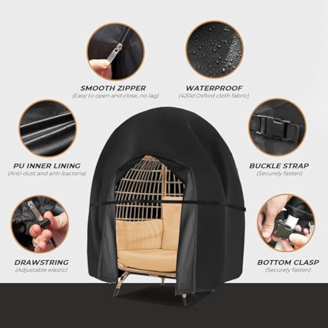 wide smile Double Egg Chair Cover Outdoor Waterproof Heavy Duty Garden Cocoon Wicker Patio 2 Seat Large Egg Swing Chair Pod Cover 420D Oxford Fabric With Zipper and Drawstring 230x200CM Black