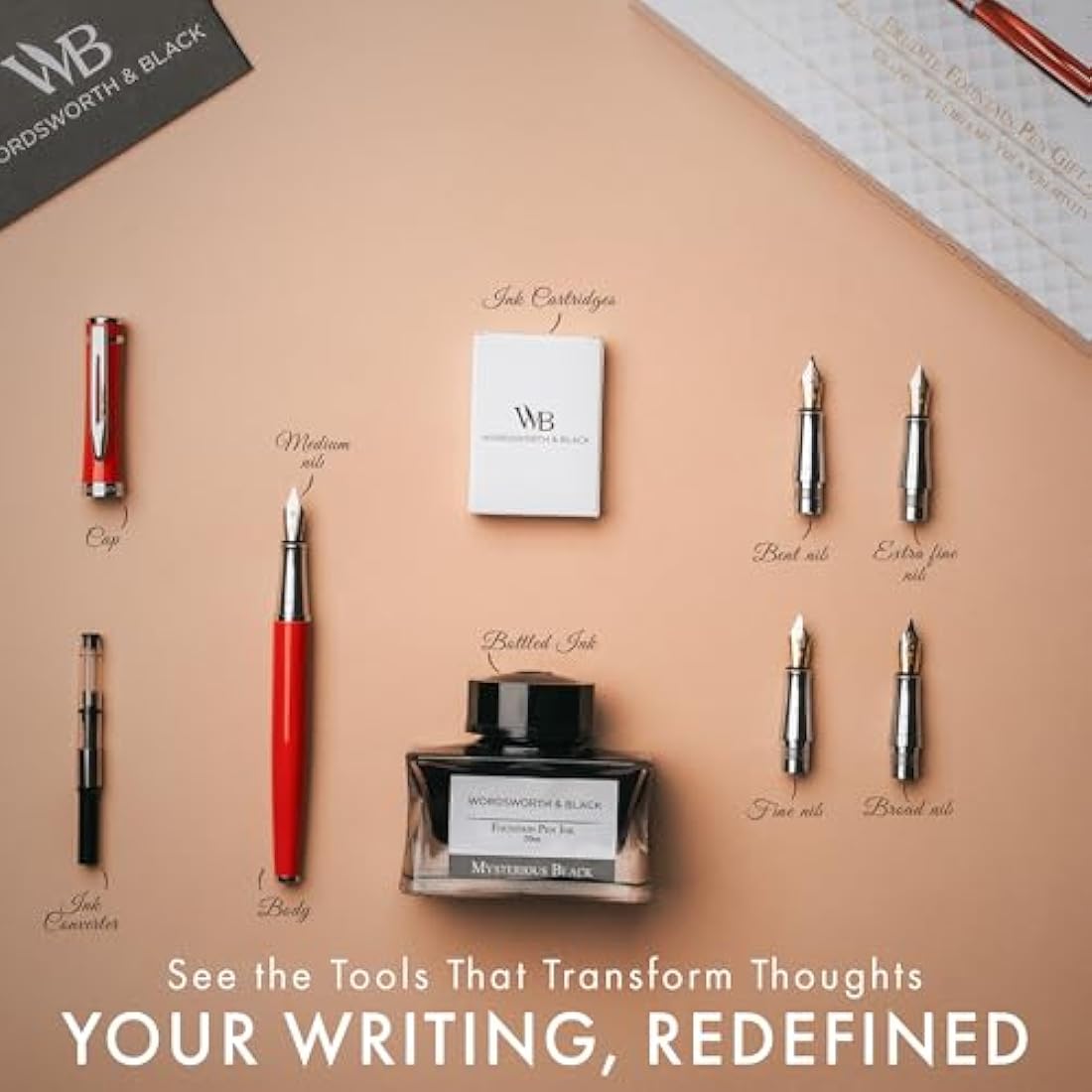 Wordsworth & Black Fountain Pen Gift Set, Includes Ink Bottle, 6 Ink Cartridges, A Refill Converter, 4 Replacement Nibs, Premium Package, Journaling, Calligraphy, Smooth Writing Pens [Red Chrome]