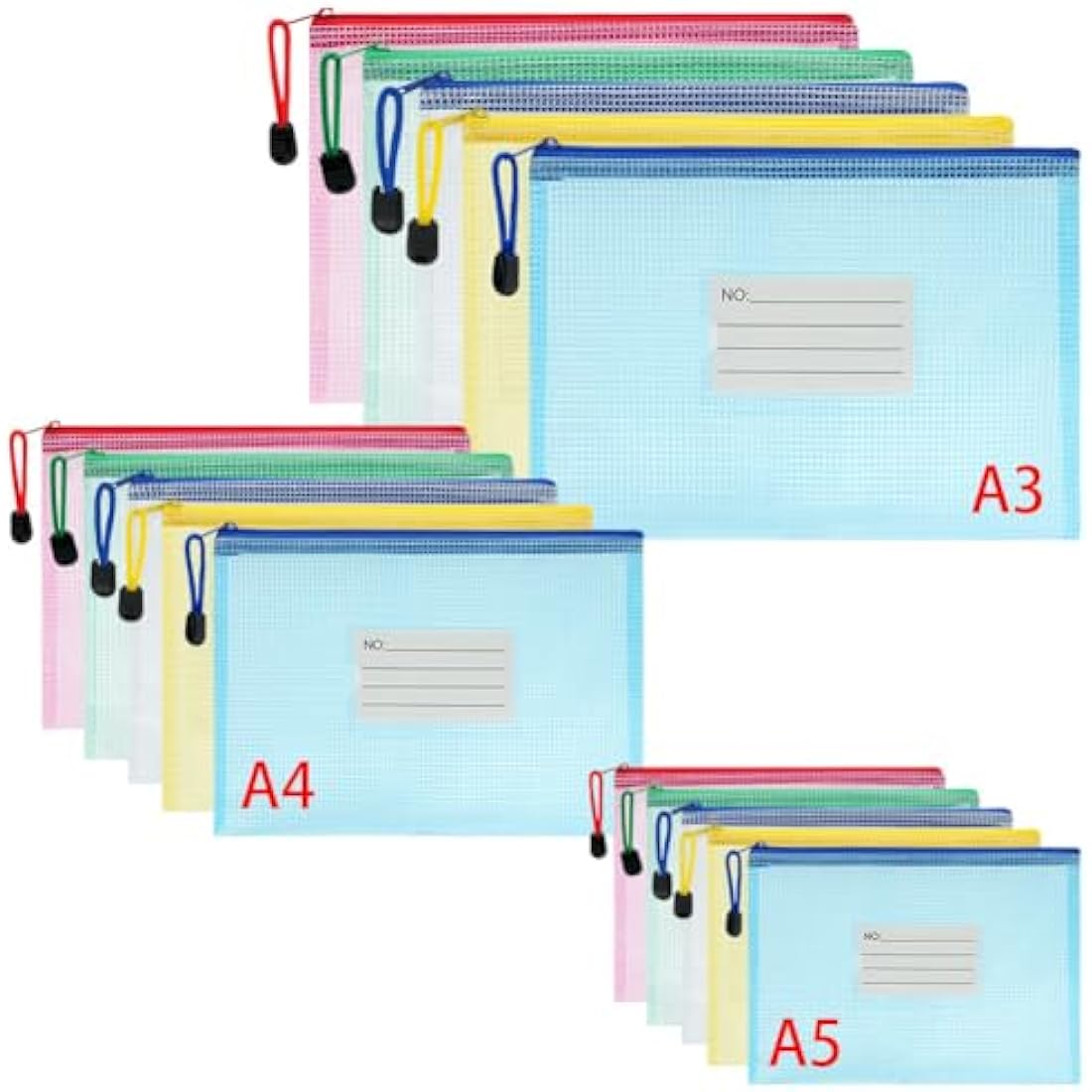 Vicloon Plastic Wallets, 15Pcs A3 A4 A5 Folders Wallets, Zip Lock Bags Mesh Document Wallet Plastic Document Wallets Folder with Label Pocket for School Office Homework Travel Storage Bags (Multi)