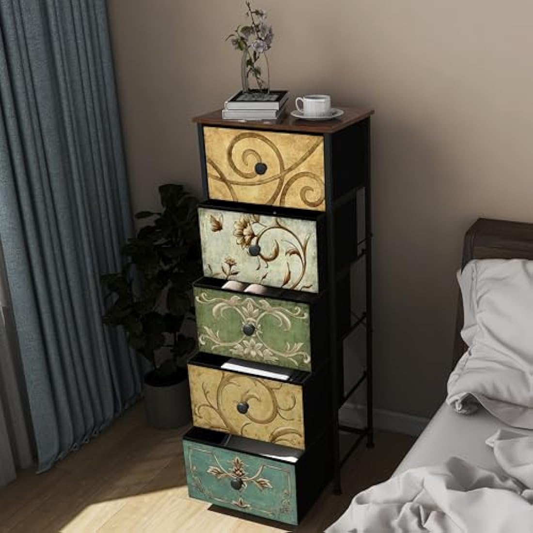 VEDECASA Narrow Tall Chest of Drawers 5 Fabric Drawer Dresser for Bedroom Slim Storage Tower Organizer Unit for Living Room Bedroom Closet Entryway Wood Board Sturdy Metal Frame Easy to Assemble