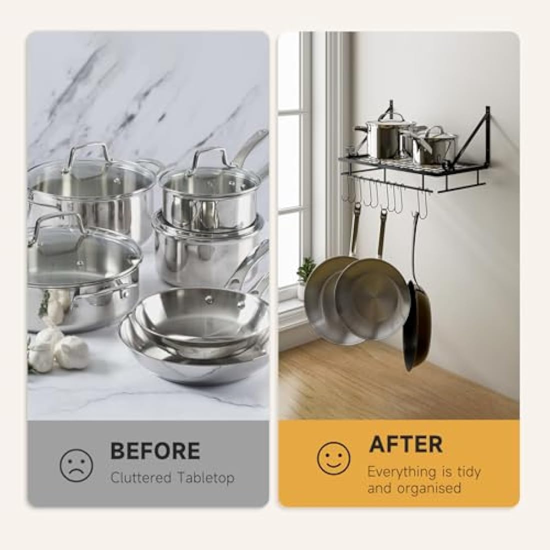 XEMQENER Wall Hanging Pan Pot Rack with 10pcs Removable Hooks, 45cm Wall Shelf with Towel Bar, Kitchen Bathroom Utensils Organizer, Hanging Shelving (45 * 24 * 25cm)