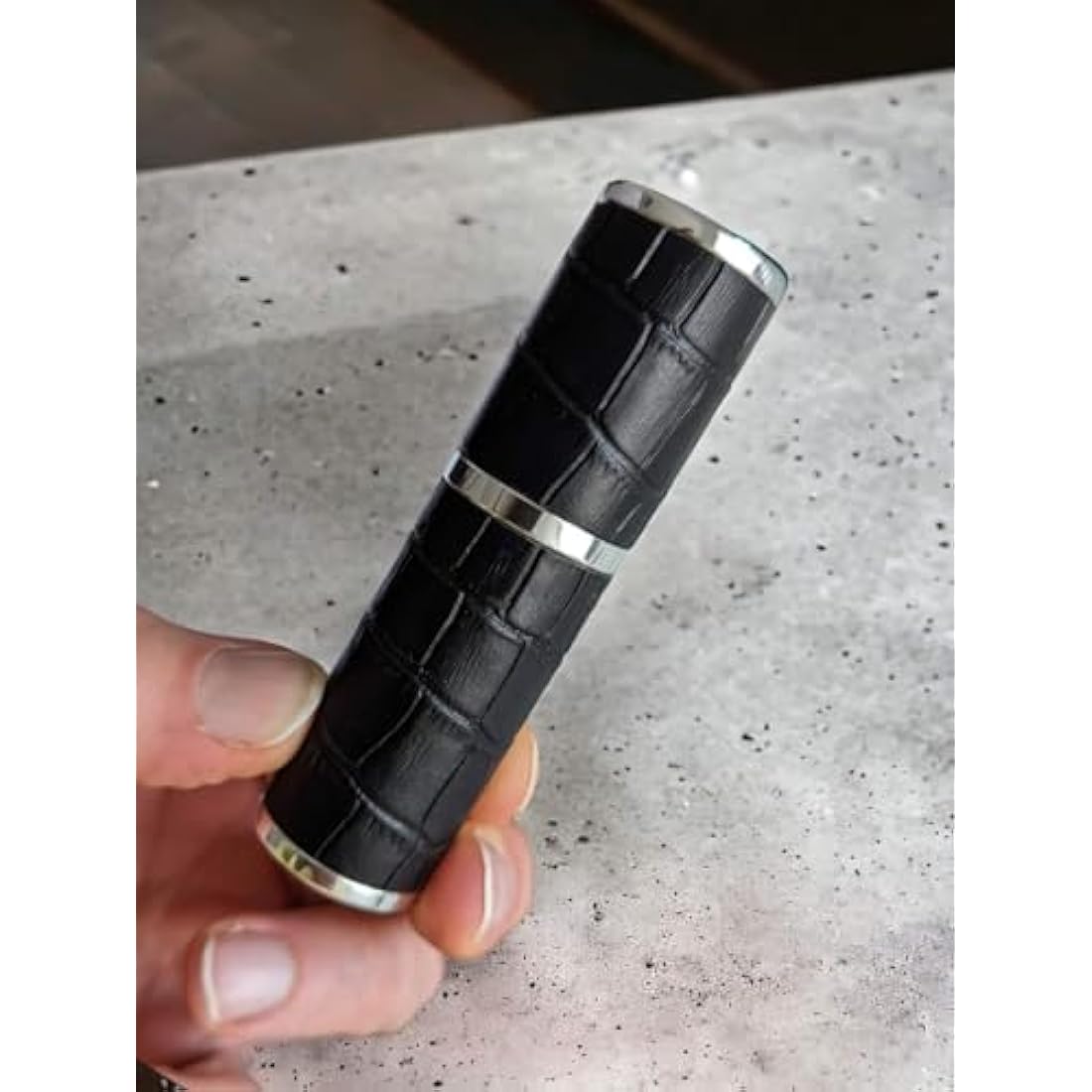 The Essential Atomizer Co. Black & Silver Faux Croc 10ml Refillable Perfume or Aftershave Travel Atomizer. Supplied with Filling Funnel & Gift Box