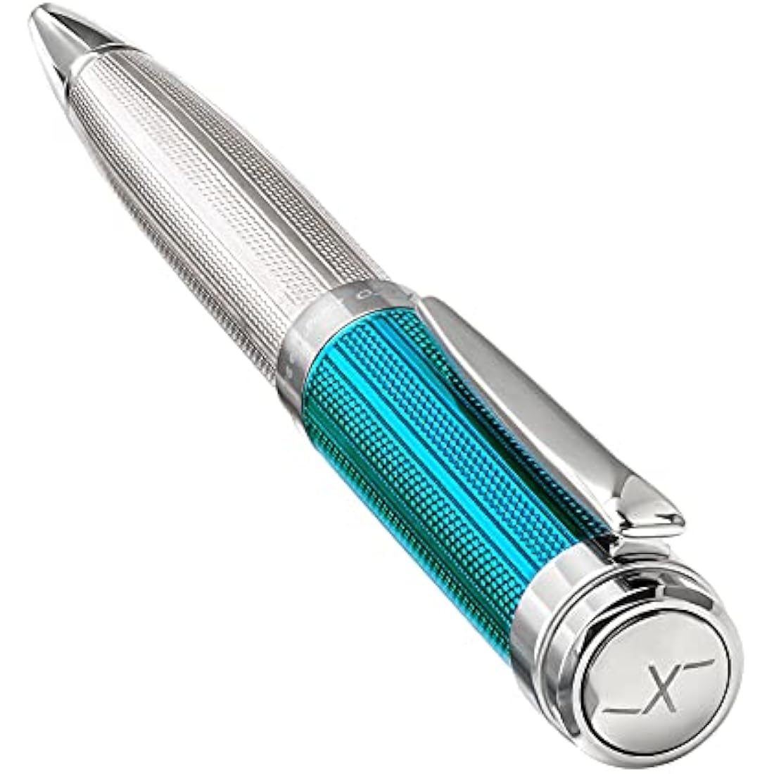 Xezo Incognito Twist-Action Ballpoint Pen, Solid 925 Sterling Silver with Azure Blue Lacquered Cap. Pure Platinum Plated. Weighty & Diamond-Cut Engraved. Limited Edition