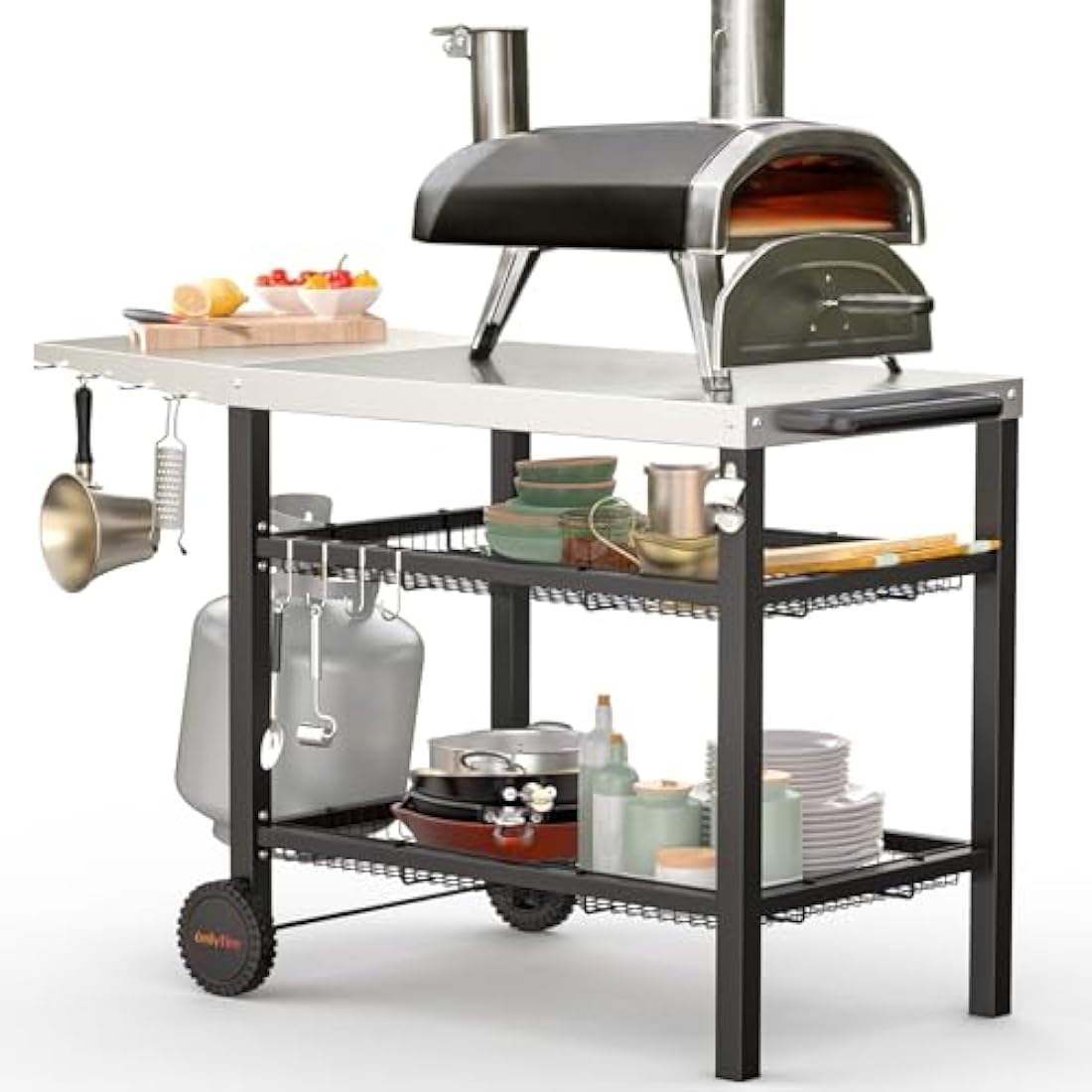 Onlyfire Heavy Duty BBQ Trolley Food Prep Table, Stainless Steel Flattop Worktable with Side table, Two-layer Steel Basket and Utensil Holder
