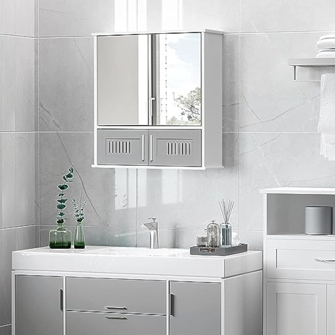 kleankin Bathroom Mirror Cabinet, Wall Mounted Storage Cupboard with Double Doors and Adjustable Shelf, Bathroom Organizer, Grey