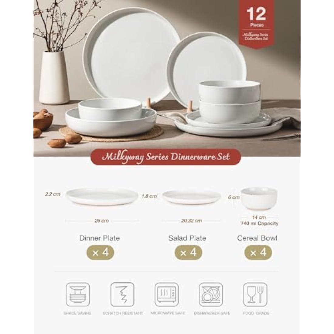 Richmount Milkyway Plates and Bowls Set, 12 Piece Dinner Set, Speckled Stoneware Dinner Set for 4, Chip and Scratch Resistant Dinnerware Sets, Dishwasher & Microwave Safe, White