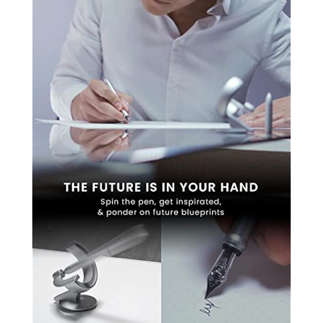 novium Hoverpen Future Edition - Fountain Pen & Rollerball Pen All-In Gift Box, Fine Nib, Futuristic Aesthetic, Luxury Metal Made Desk Pen, Free Spinning Executive Pen, Birthday Gifts (Frost Silver)