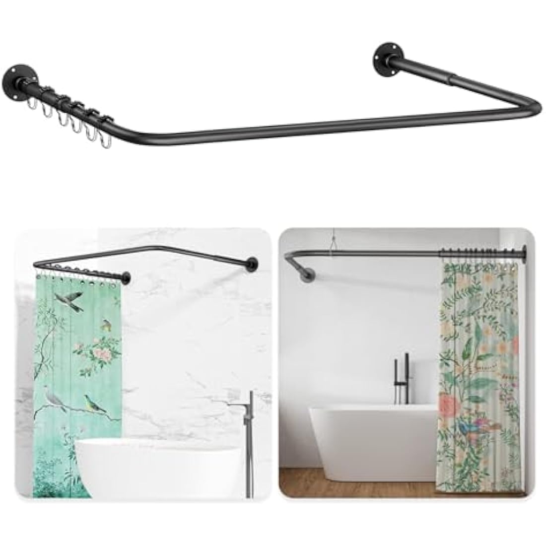 L Shaped/U Shaped Shower Curtain Rail, [60-92]X[78-198]X[60-92]cm Adjustable Shower Curtain Pole, Wall Mounted Curved Shower Rail With 12 Rings & Ceiling Support For Bathroom Bathtubs, Need Drilling