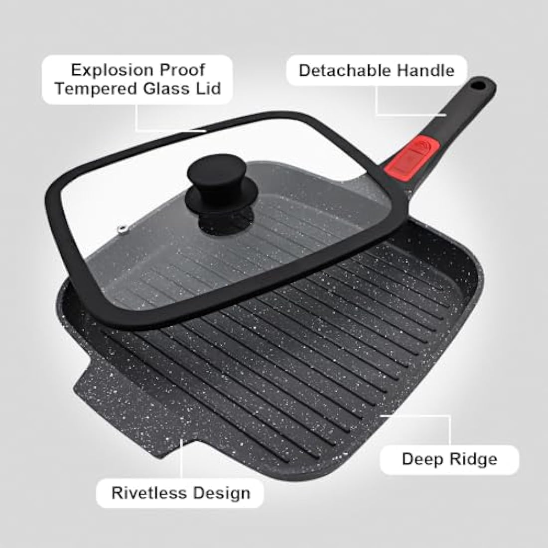 RANX INGST Griddle Pan with Lid, 26 x 24 cm Cast Aluminium Non Stick Steak Pan with Detachable Handle for Induction Hob, Black