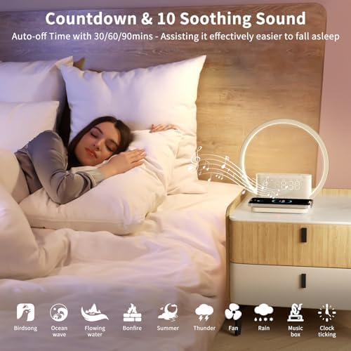 blonbar Bedside Lamp, Wake-Up Light, 10 Watt Wireless Charger, Touch Dimmable Table Lamp, Sunrise Alarm Clock, 3 Levels of Brightness, Soothing Sound, Bedroom Sleep Aid for Babies & Adults