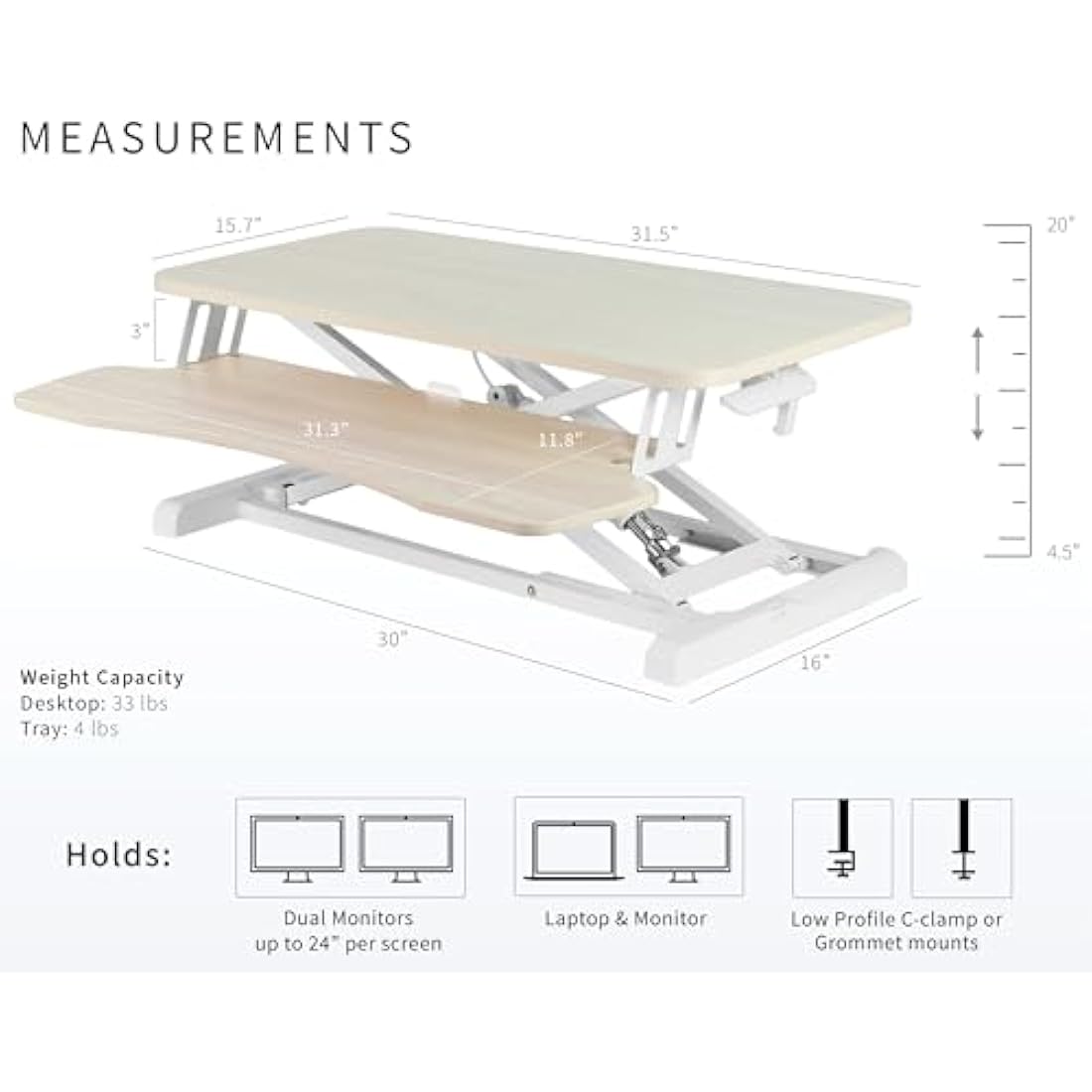 VIVO 81cm Desk Converter, K Series, Height Adjustable Sit to Stand Riser, Dual Monitor and Laptop Workstation with Wide Keyboard Tray, Light Wood Top, White Frame, DESK-V000KF