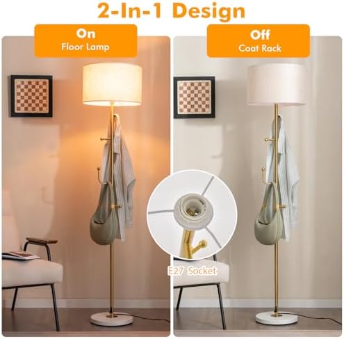 GiantexUK Floor Lamp with Coat Rack, Multi-Purpose Standing Lamp with Linen Fabric Lampshade, 5 Hooks, E27 Socket, Foot Switch & Large Base, Modern Reading Light for Living Room Bedroom Office