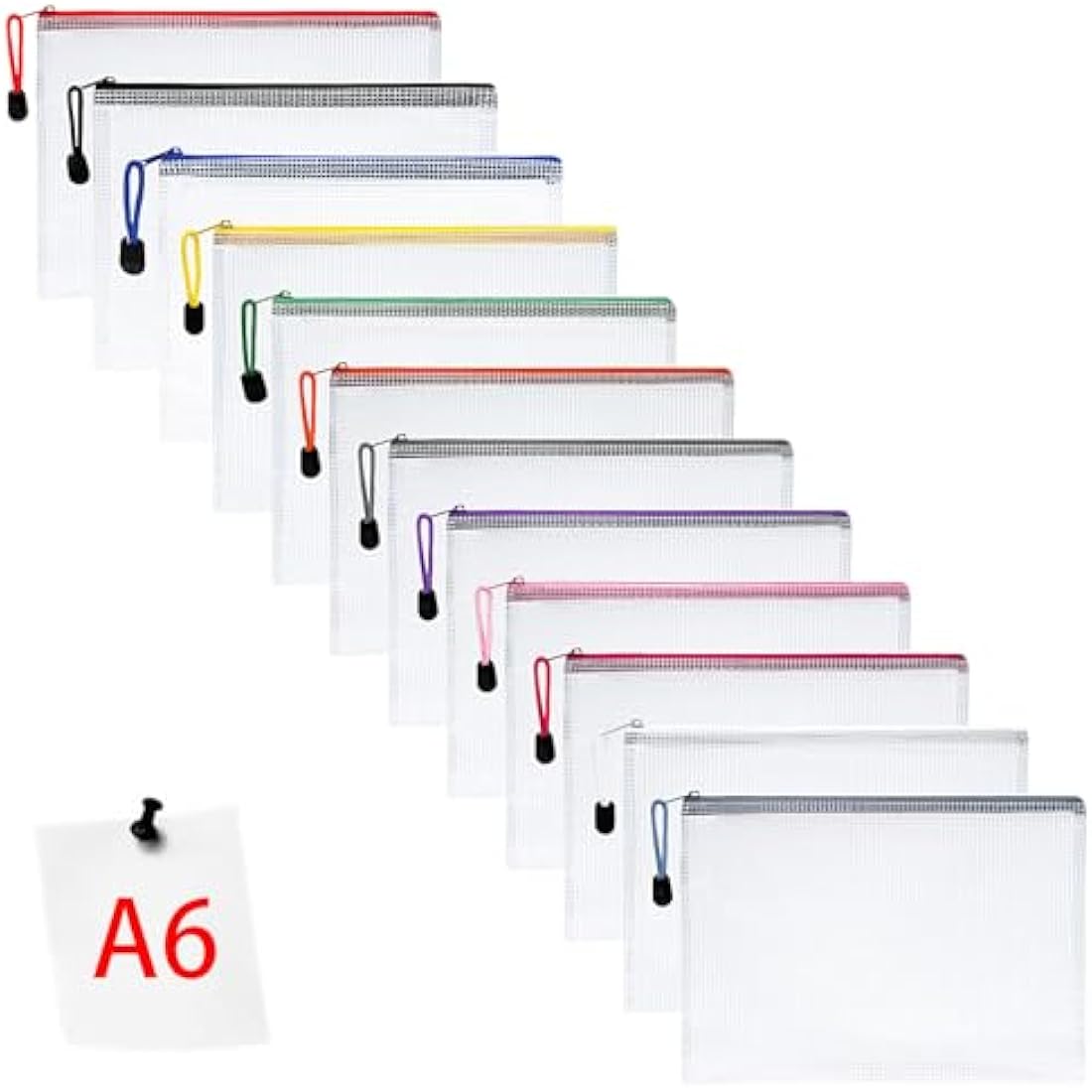 Vicloon Plastic Wallets, 12Pcs A6 Zip Lock Bags, Mesh Document Wallet Document Folders Plastic Pockets Zipper File Wallet for School Office Homework Travel Storage Bags (Color Zipper)