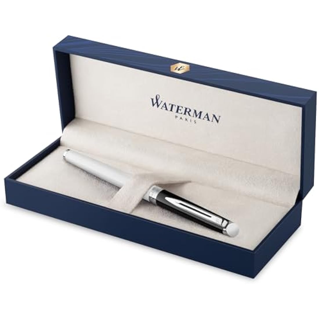 Waterman Hémisphère Fountain Pen | Black & White Lacquer with Palladium Coated Trim | Stainless steel Medium Nib | Blue Ink | Gift Box