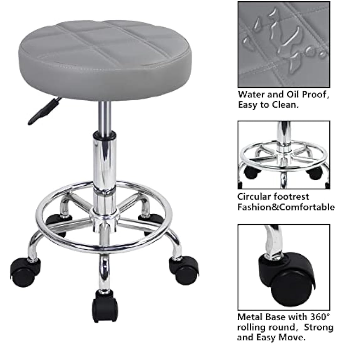 KKTONER Round Rolling Stool Chair PU Leather Height Adjustable Swivel Drafting Work SPA Shop Salon Stools with Wheels Office Chair Small (Gray)