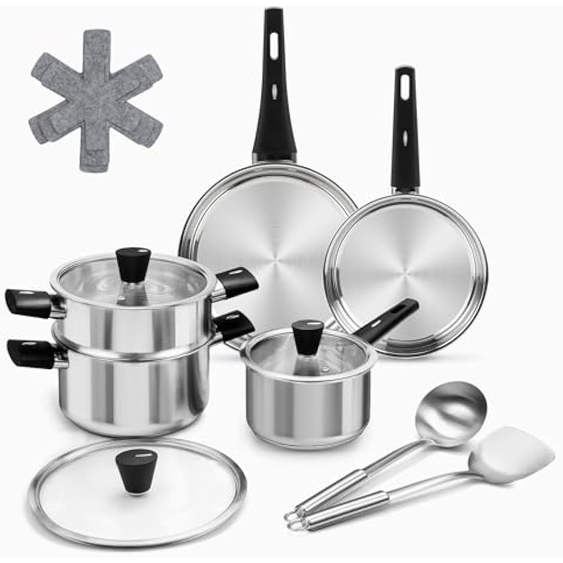 Stainless Steel Saucepan Set, 14-Piece Non Toxic Cookware Set with Stay-Cool Handle, Kitchen Induction Hob Pots and Pans Set with Steamer, PFOA/PFOS/PTFE Free, for All Stove