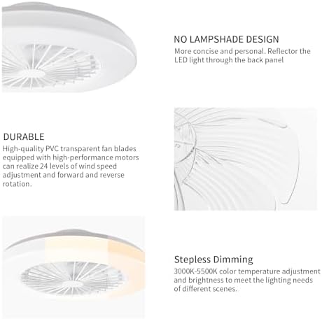 BKZO Modern LED Ceiling Light with Fan, Ceiling Fan with lamp, 24 Ventilation speeds, infinitely dimmable Light for Living Room, Bedroom, Office, 3000-5500 K,(White 48CM)