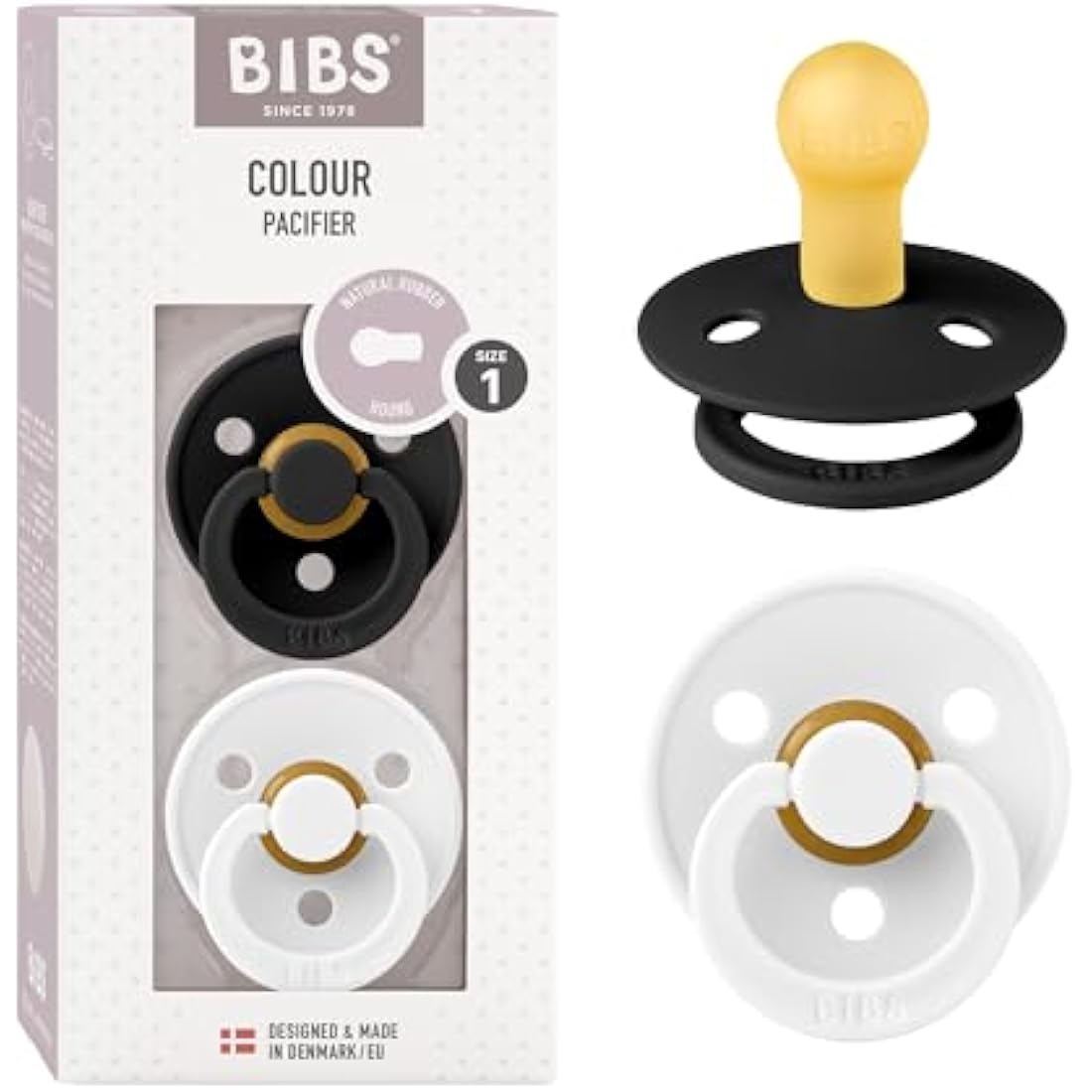 BIBS Colour Soother 2-Pack, BPA Free Dummy Pacifier, Round Nipple. Natural Rubber Latex, Size 1 (0-6 Months), Black/White
